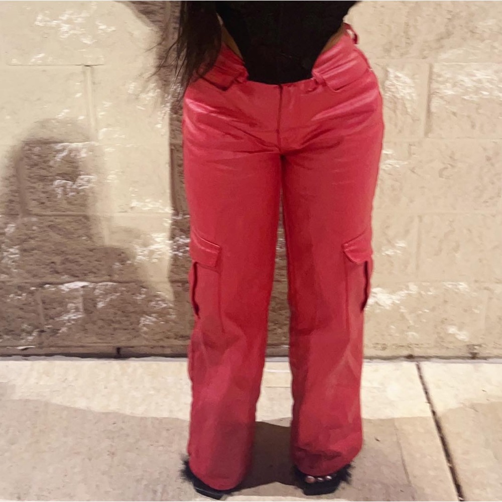 Red Pu Leather Pants Gem